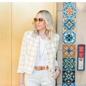Cabi Coco Tweed Classic Cream Gold Textured Blogger Favorite Blazer Jacket